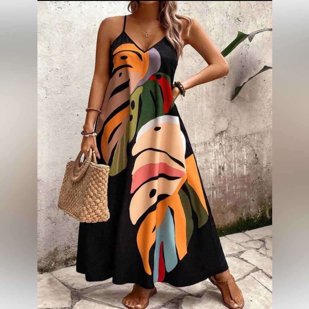 LanaWest CURVE Women Plus Size Boho Floral & Leaf Print Spaghetti Strap Dress